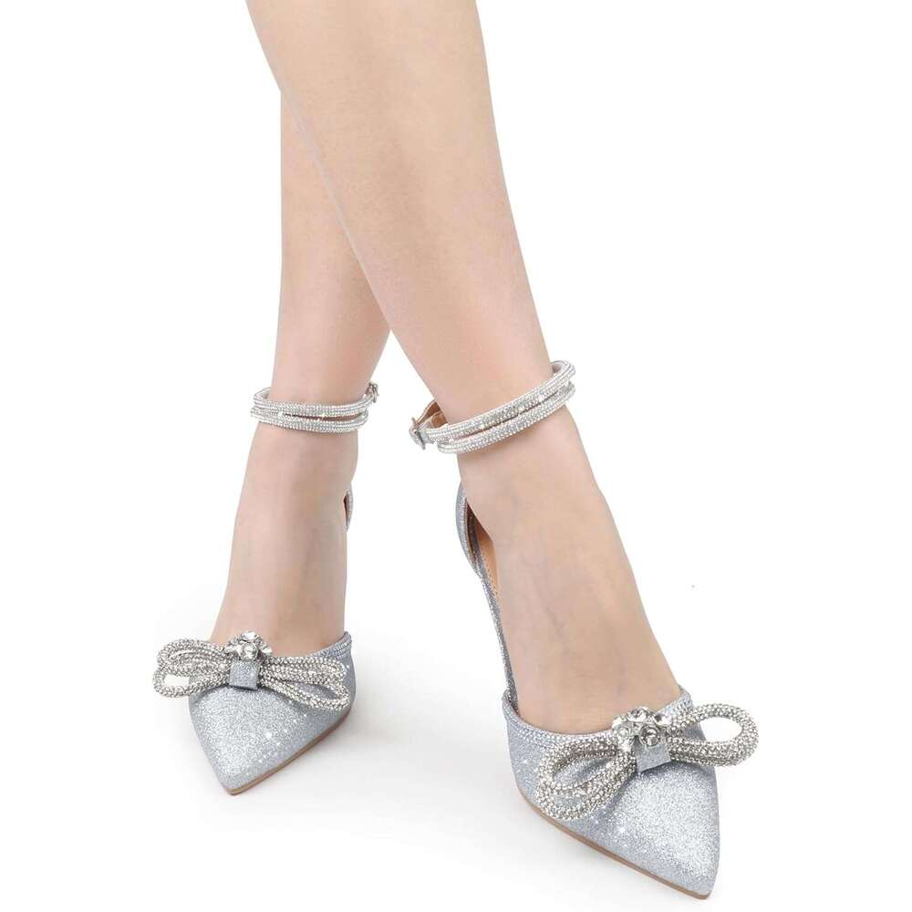 Women S Wedding Sparkly Rhinestone Stiletto Pumps Bow Pointed Toe Ankle Strap High Heels Bridal Party Dress Shoes MOJIDASHU