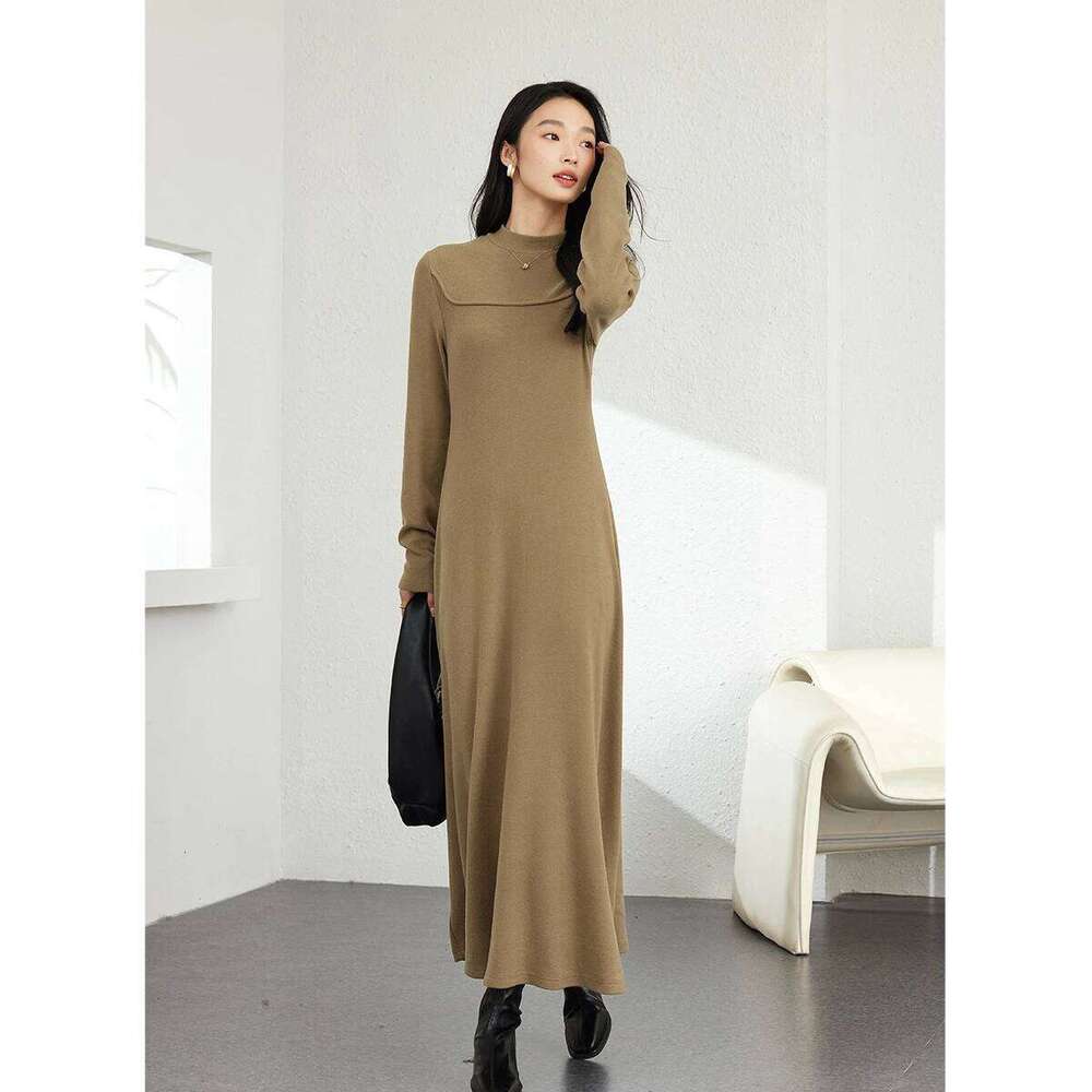 VIMLY Long Knit Woman French Half High Collar Evening Dresses 2025 Winter Office A-line Slim Fit Lady Dress M9155 Z260313