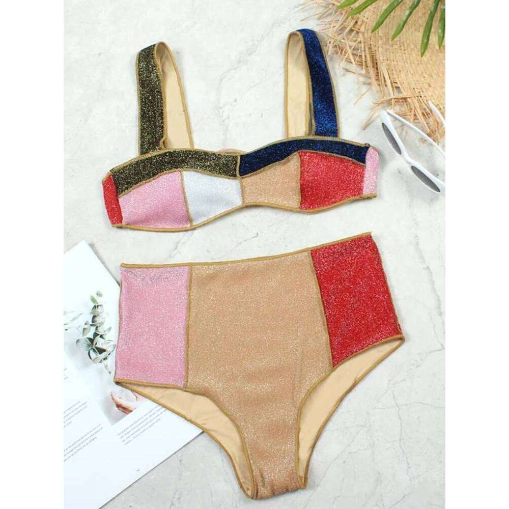 High Waist Bikini Women Swimsuit Contrast Patchwork Swimwear Female 2021 New Sexy Glitter Bathing Suits Summer Beach Wear XL Y260303
