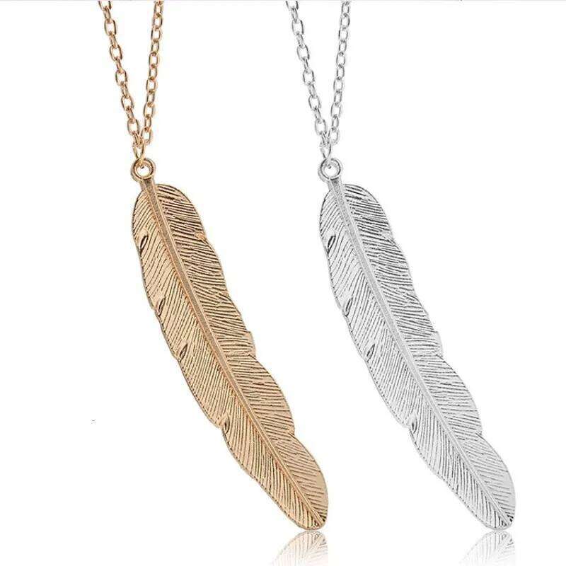New Fashion Vintage Long Feather Pendant Necklace Jewelry Golden Simple Shape Collar Women Sexy Chain Collares H260312