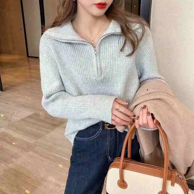 Knitted Pullovers New Long Sleeve Turn Down Collar Knit Sweater Pullover Women Tops Sweaters Sueter Feminino Q1008 Z260313