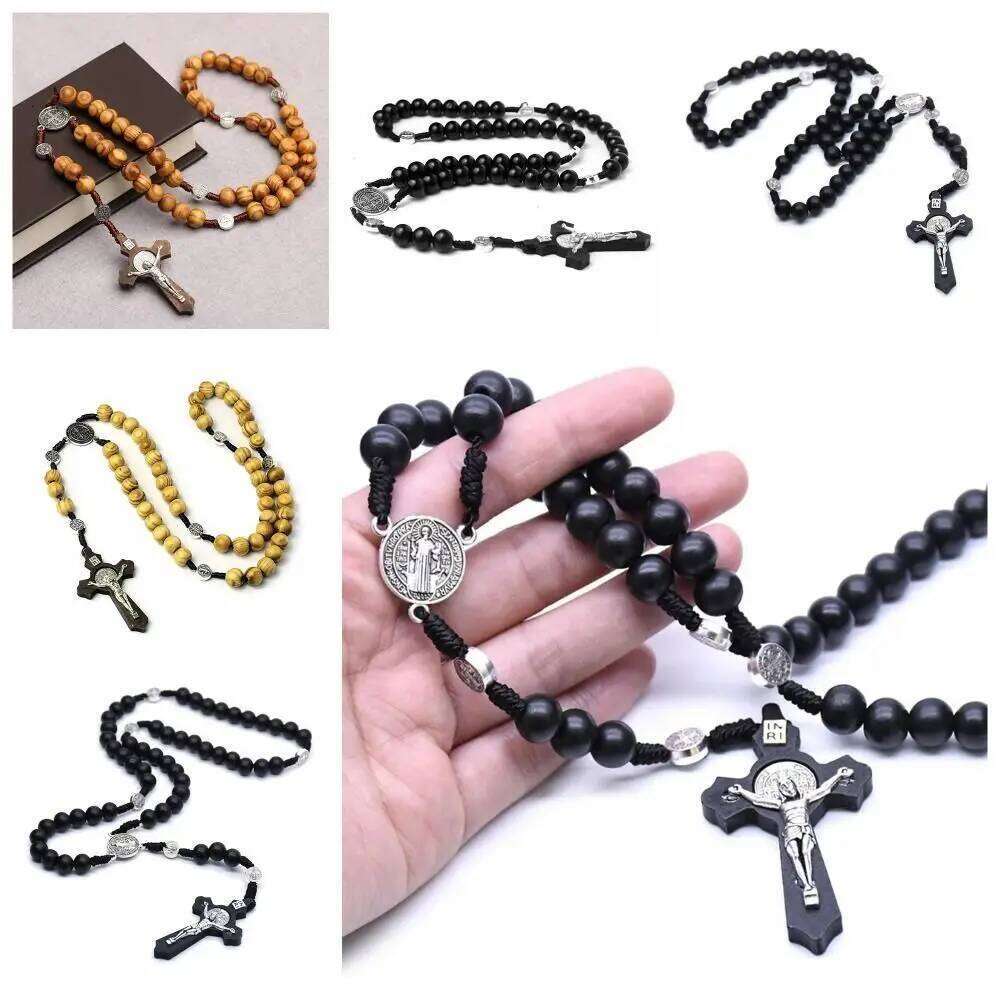 Handmade Rosary Religious Catholic Wood Beads Necklace Car Ornament Mellow Crucifix Pendant Chain Women H260312