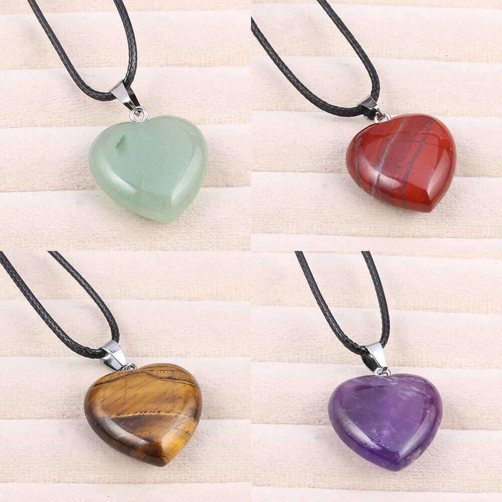 Natural Stone Crystal Pendant Necklaces Pink Quartz Lapis Lazuli Hearts Charm Leather Chain Necklace Chokers Jewelry Gift H260312