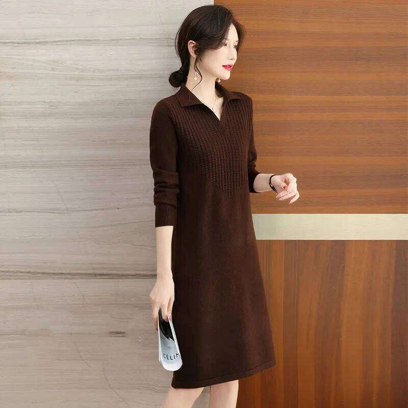 Autumn Women's Lapel Fashionable Knee Length Sweater Dress Loose Temperament Solid Color Straight Knit Bottom Skirt Z260314