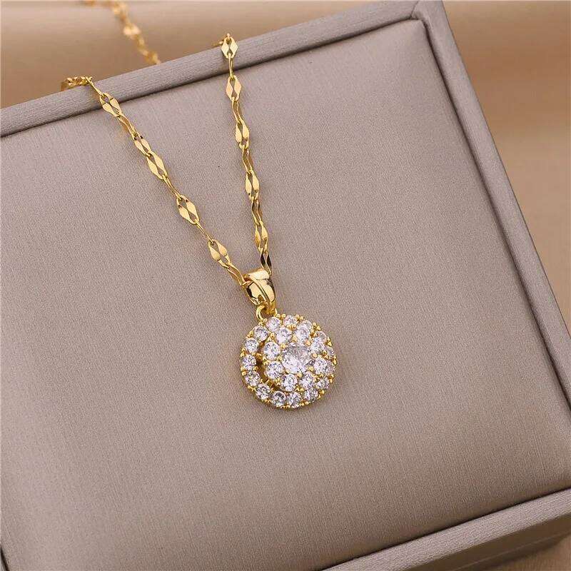 New Trendy Zircon Crystal Pendant Stainless Steel Necklace For Women Korean Fashion Female Sexy Clavicle Chain Jewelry Wholesale H260312