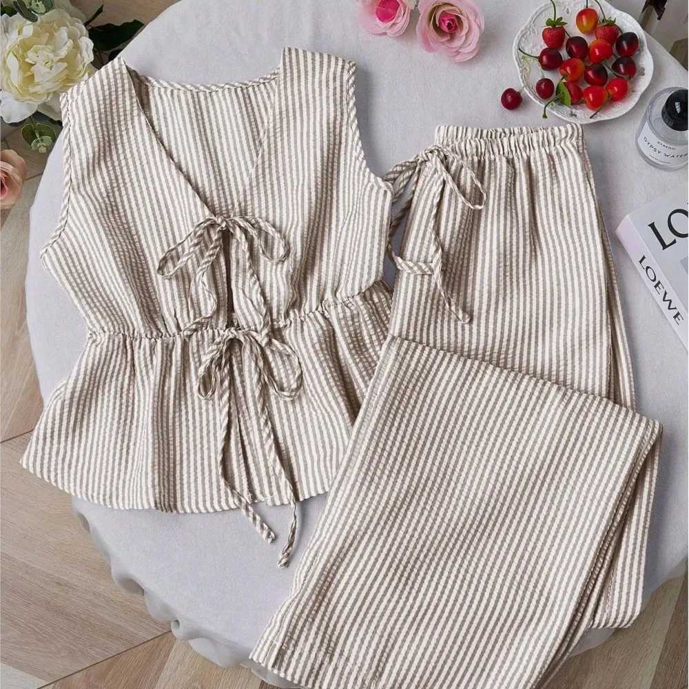 Striped New Two Piece Set Summer V Neck Lace Up Sleeveless Blouse High Waist Wide Leg Pants Sets Casual Solid Women Sets M260313