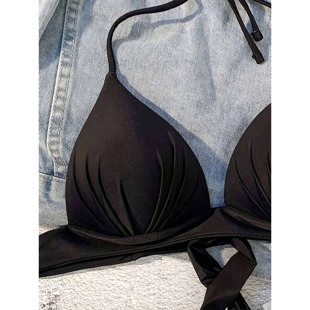 XS - XL Sexy 2025 Push Up Bra Cup Halter Bikini Female Swimsuit Women Swimwear Bather Bathing Suit Swim Solid Beach wear Top Y260303