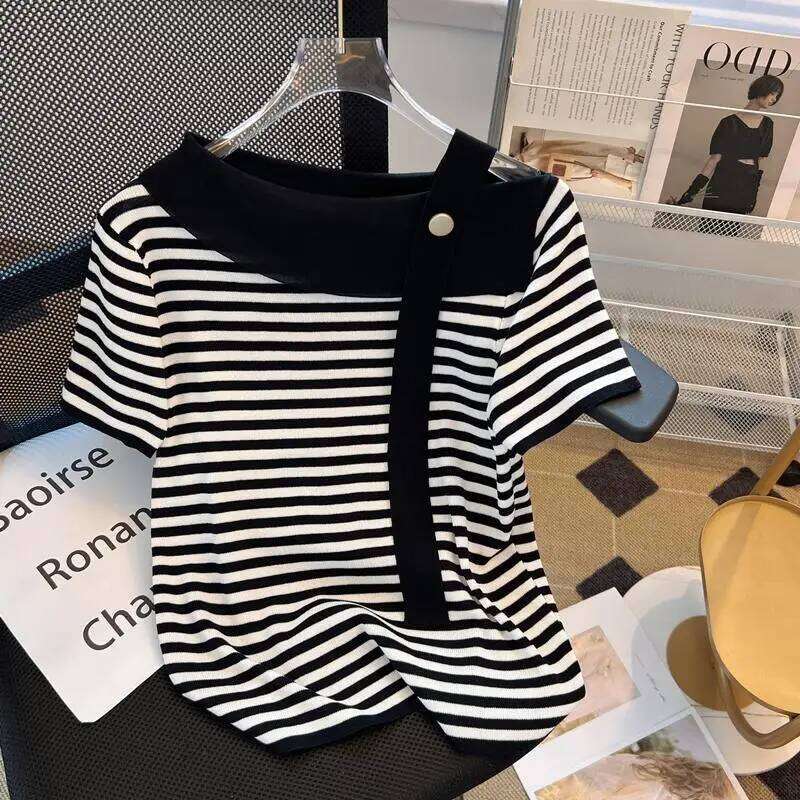 Summer Sexy Sweater Women Knit T-shirt Tops Fashion Striped Elegant Stylish Chic Tees Pullover Short Sleeve Jumpers 2024 Z260313