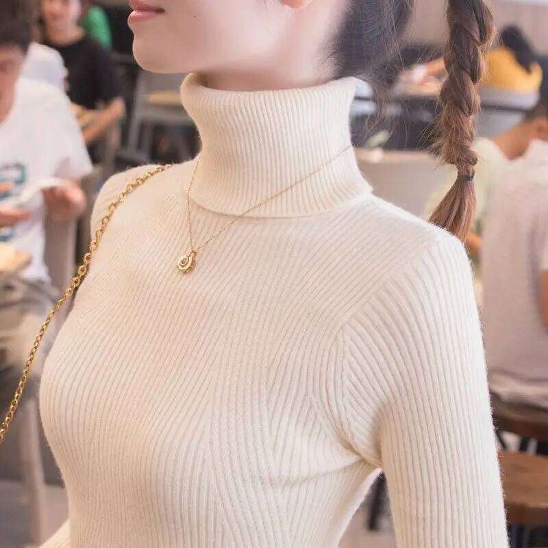 Black Turtleneck Ladies Sweaters Pullover Knitted Top for Women Gigh Neck Jerseys Beige Korean Fashion 2025 Crochet Z260314