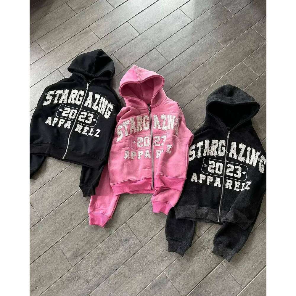 2024 American Retro Zipper Hoodie Trendy Letter Patch Embroidery Fashion Loose Gothic Harajuku Sweatshirt Casual 2K Women's Top Z260314