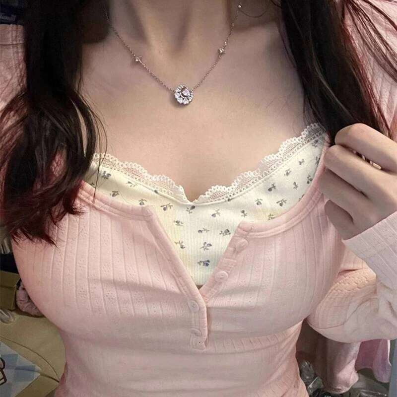 Sweet Pink Printed Long Sleeve Pullovers Women Fake Two Pieces Lace Round Neck Y2K Tshirt Woman Korean Buttons Slim Fit Jumper Z260313
