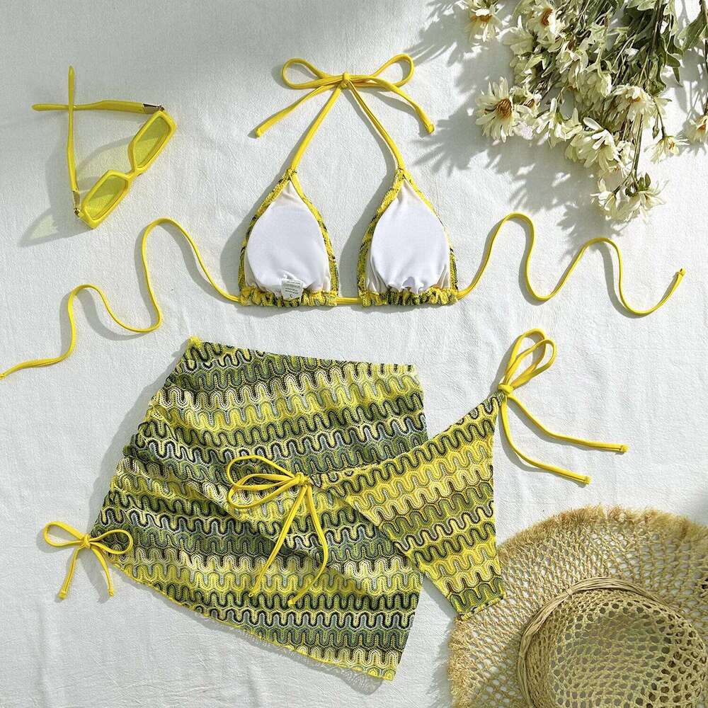 2025 New zigzag bikini three piece swimwear with skirt knitting bikinis swimsuit push up beachwear Y260303