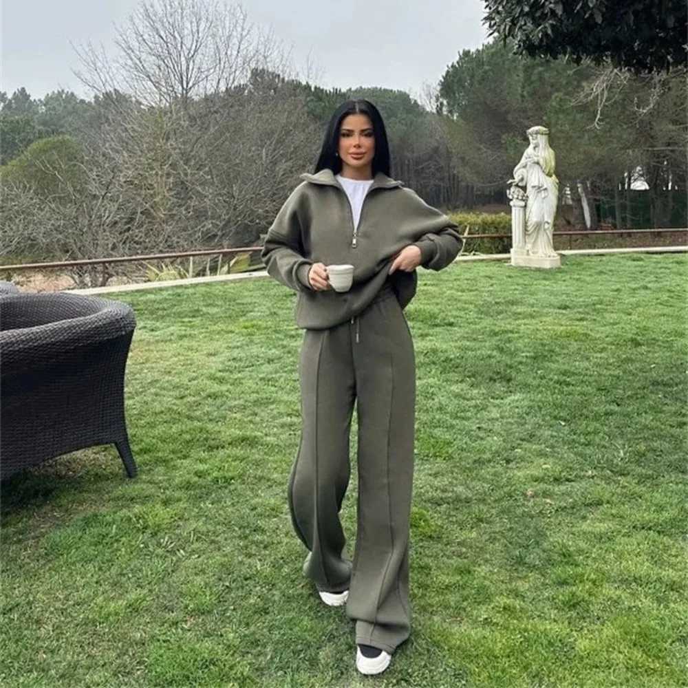 Street Style Womens Henley Neck Sweatsuit Set Half Zip Pullover Hoodie Fall Winter Lounge Casual Outfit M260313