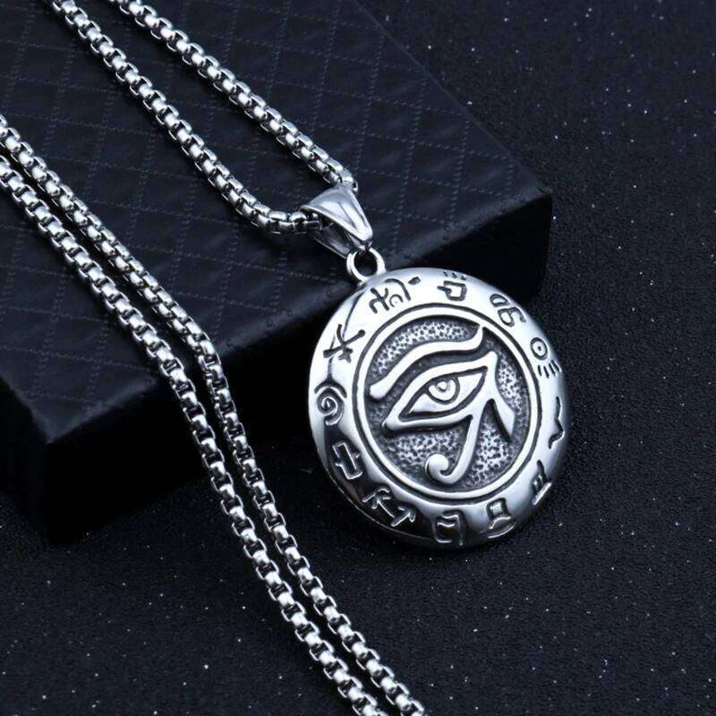 Eye Of Horus Round Pendant Necklace For Men Women Silver Color Retro Rune Hip Hop Punk Stainless Steel Chian Fashion Jewlery H260312