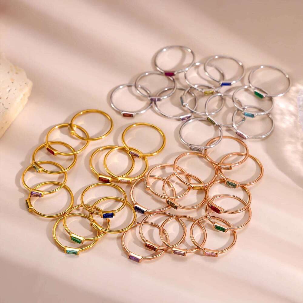 CARLIDANA Mimalist 18K Gold Plated Square Simple Colorful Zircon Stainless Steel 12 Months Birthstone Stackable Ring for Women H260312