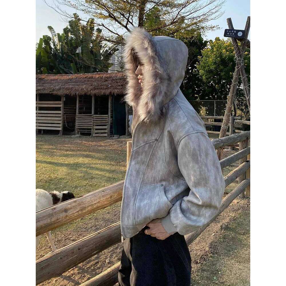 ReddaChic Faux Hooded Men's Bomber Jacket with Pockets Autumn Winter Full Zip Thicken Cotton Coat Fur Collar Outdoor Parkas Z260313