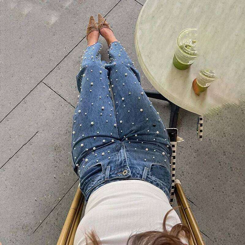 Elegant Pearl Beading Jeans Streetwear Y2K Vintage Denim Baggy Pants Chic Women Clothing Fashion 2025 Z260313