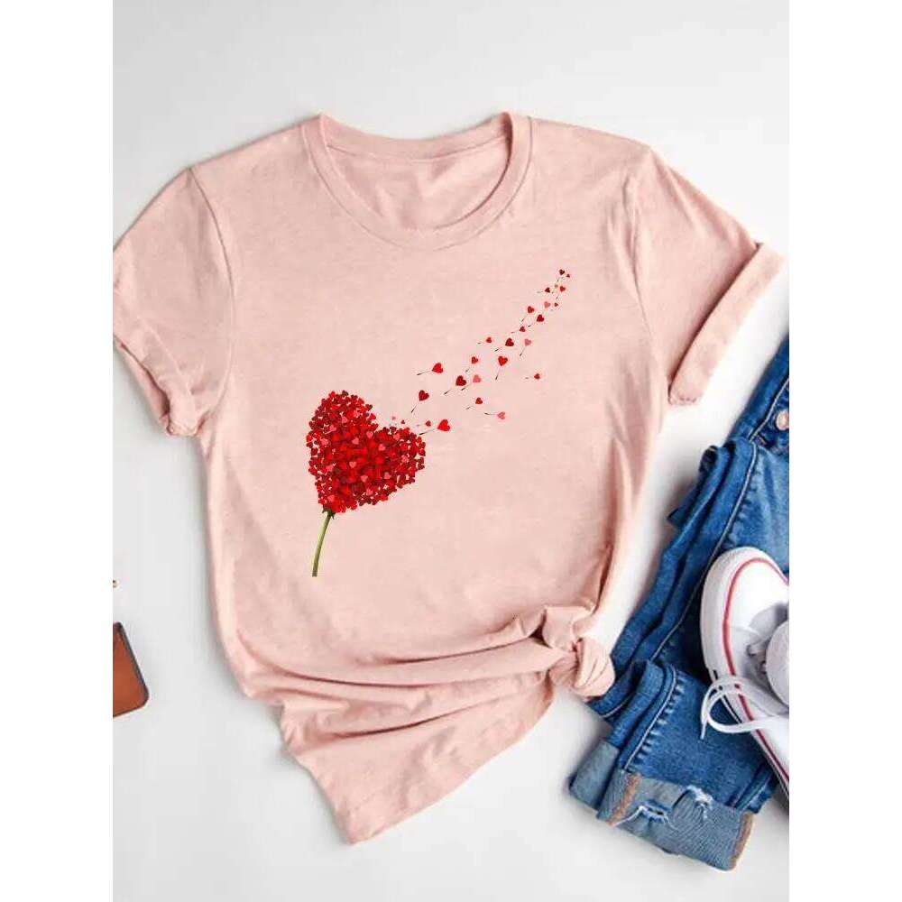 Watercolor Love Heart Sweet Fashion Short Sleeve Print T Shirt Tee Basic Clothing Summer Top Graphic T-shirt Women Clothes Z260314