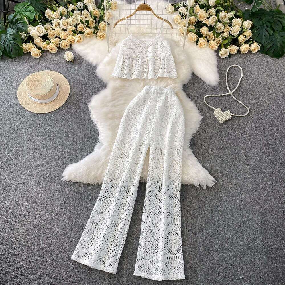 2026 designer pure desire style sexy lace hollow V-neck short vest high waist slim fit A9 wide leg pants two-piece set