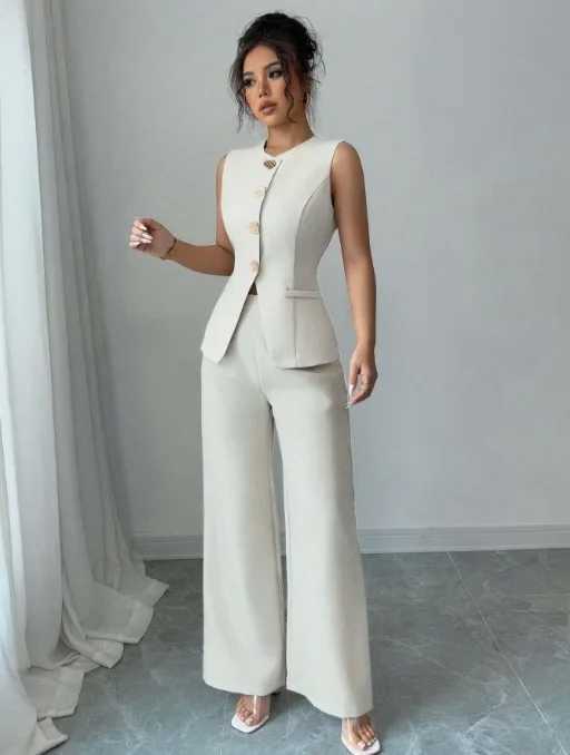 New Fashionable Commuter Womens Suit Casual Solid Color Round Neck Cardigan Vest Paired With Loose Wide-leg Pants Two-piece Set s54 M260313