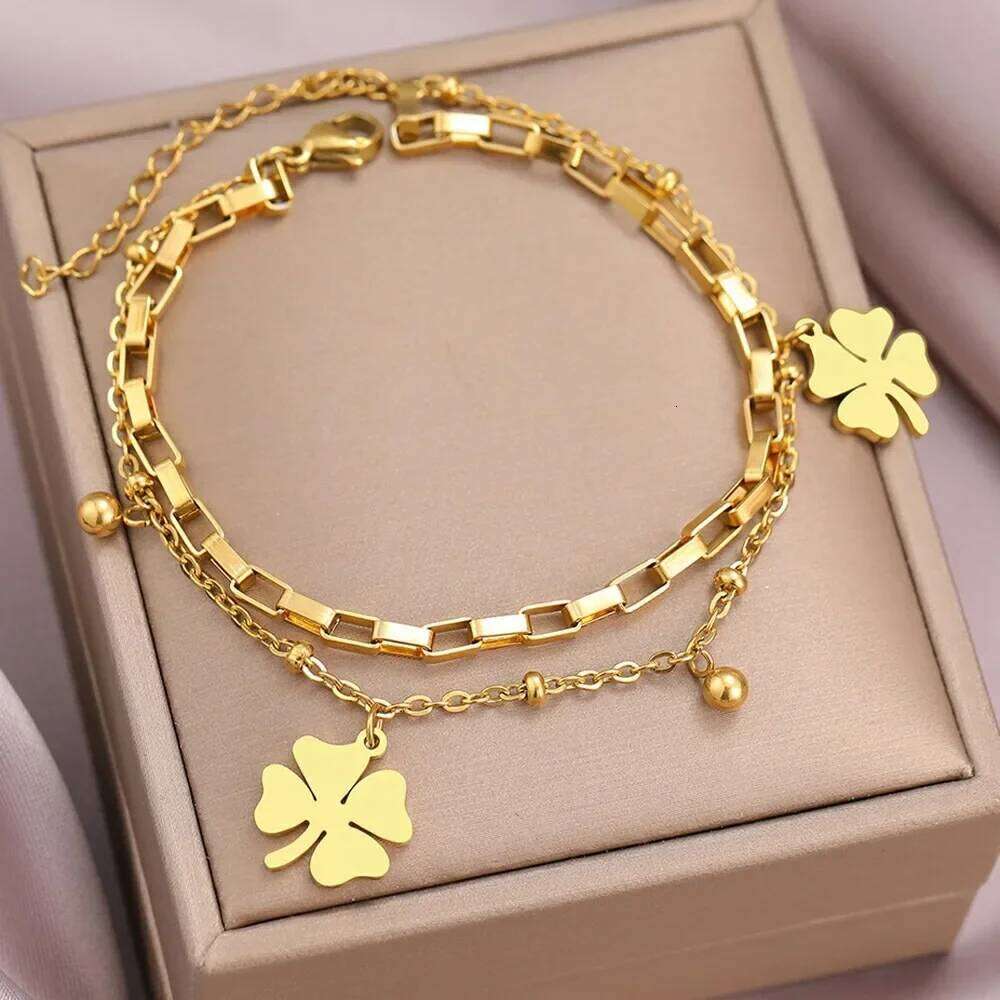 Charm Four Leaf Lucky Flower Double Layer Bracelet for Women Luxury Gold Color Stainless Steel Bangle Jewelry Gift Colorfast Z260313