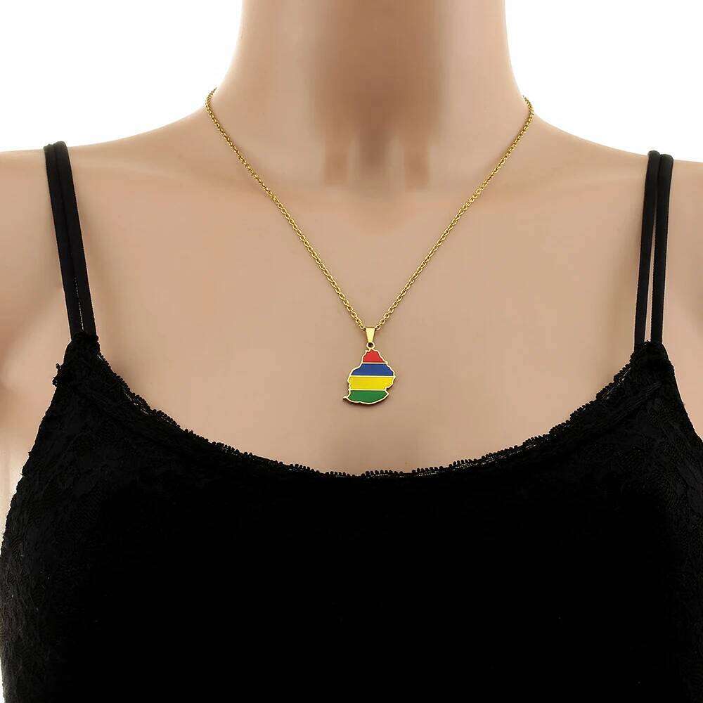 Mauritius Map Flag Pendant Necklace Stainless Steel For Women Men Golden Color Charm Fashion Party Mauritian Jewelry H260312