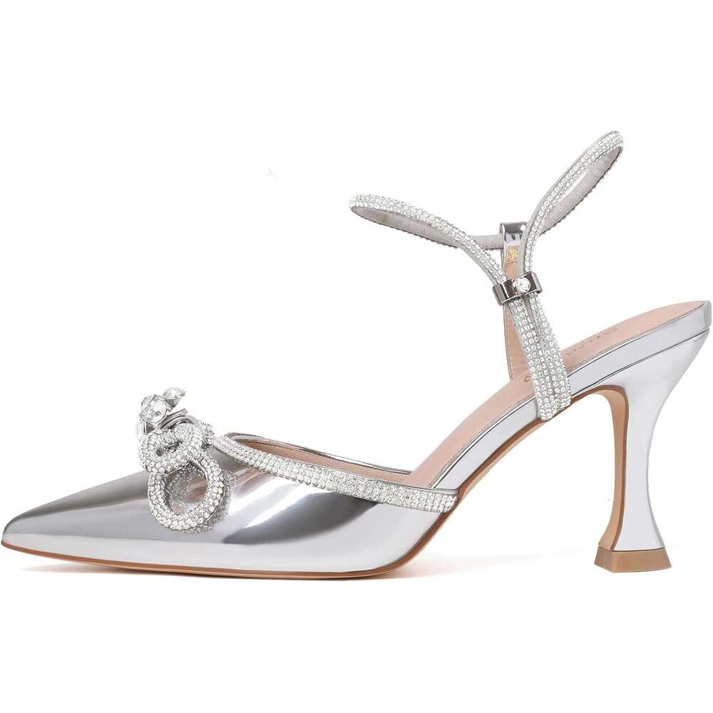 Women S Closed Rhinstone Wedding Low Heel Slingback Clear Kitten Heels Adjustable Strap Pointed Toe Bow Pumps High Heeled Prom Dress Shoes MOJIDASHU