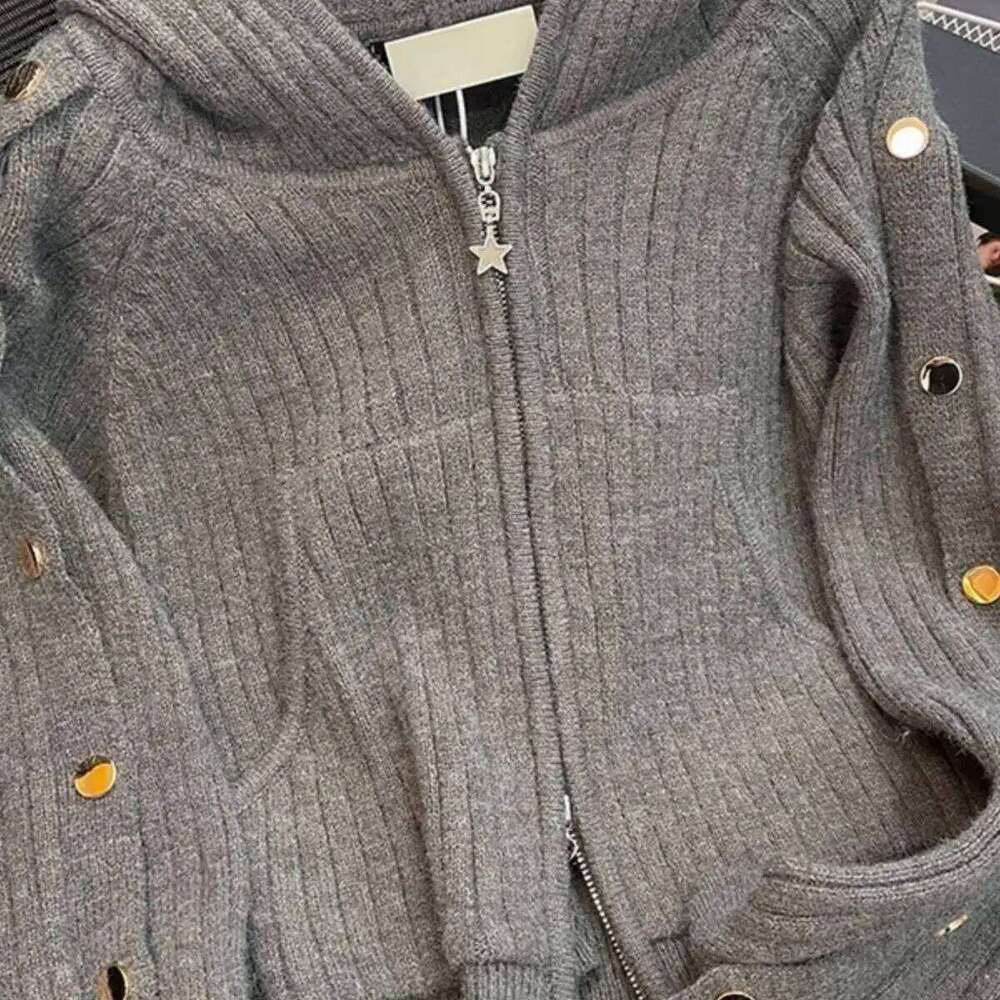 New 2025 Autumn Zipper Hooded Short Women Knitting Cardigan Retro Casual Korean Fashion Ladies Sweater Z260313