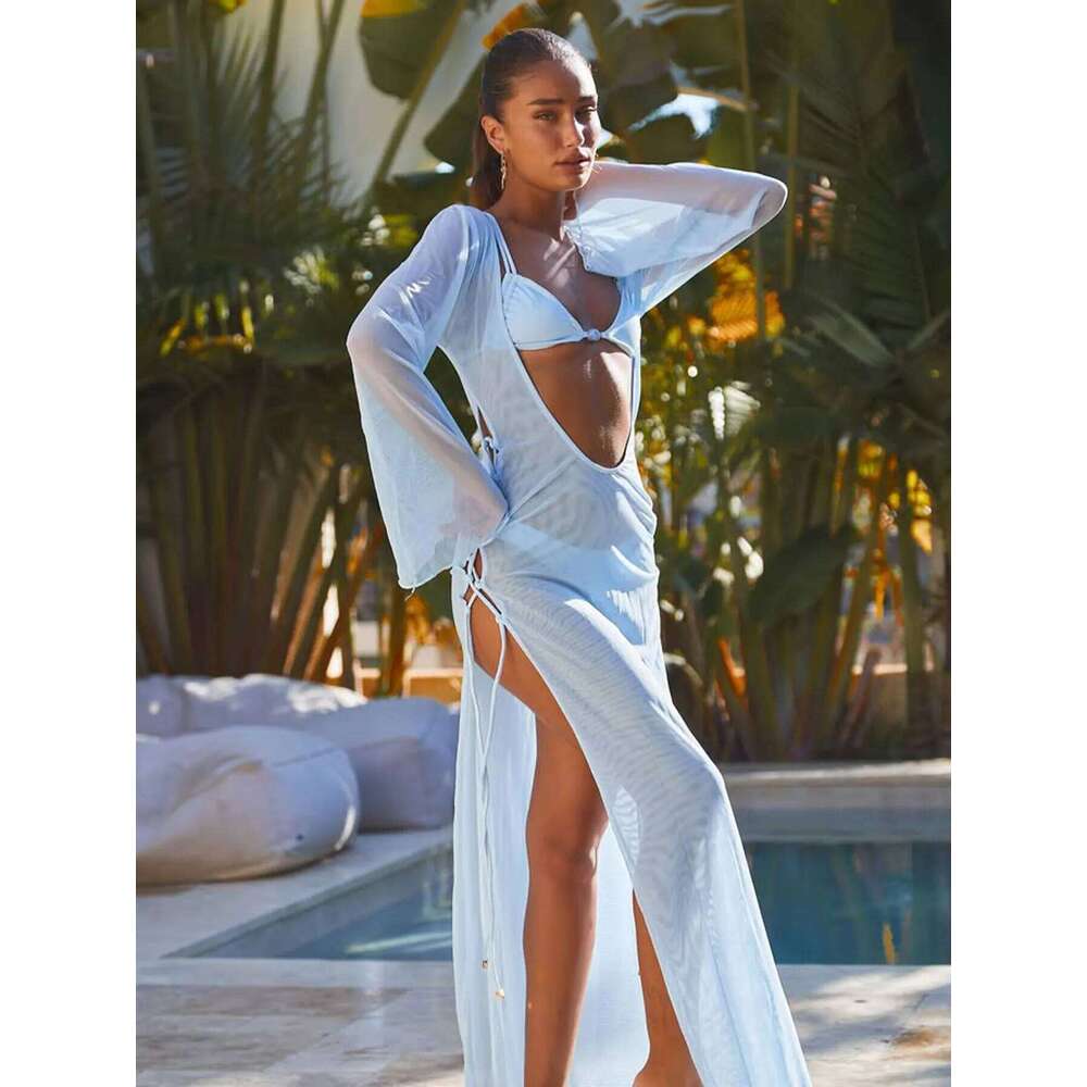 2025 Sexy Light Blue Bikini Top and Bottoms with White Beads Perfect for Summer Beachwear Pool Parties Special Occasions Y260303