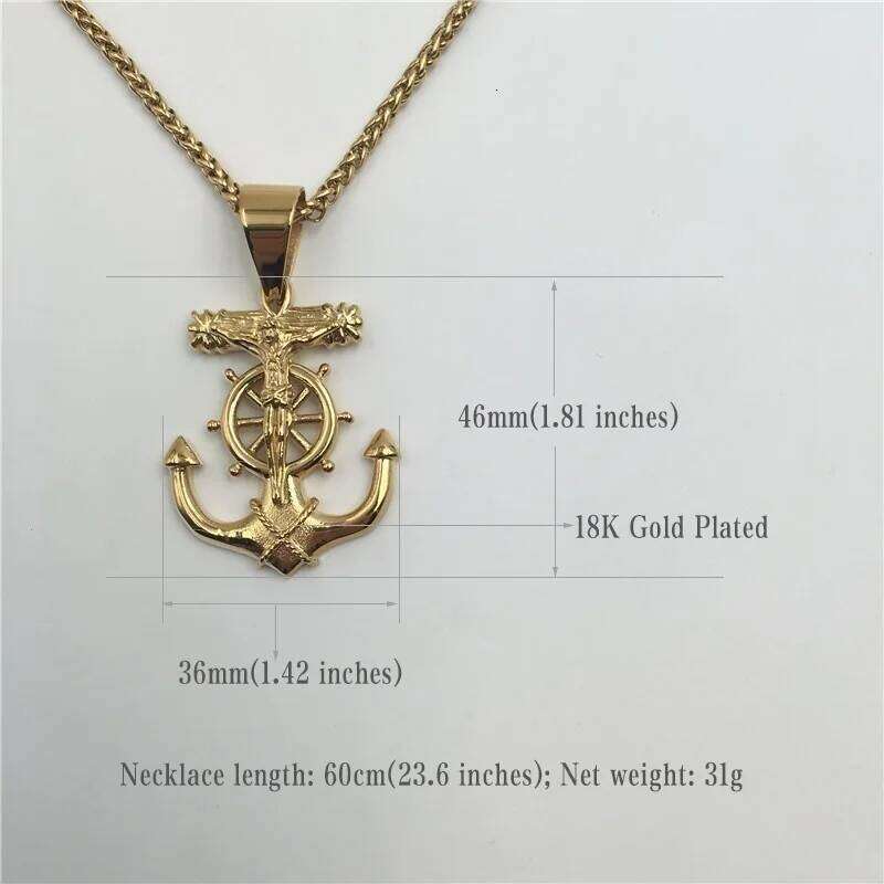 Cross Rudder Anchor Pendant Necklace Gold Color Plated Jewelry Stainless Steel Navigation Religious Necklacejavascript: H260312