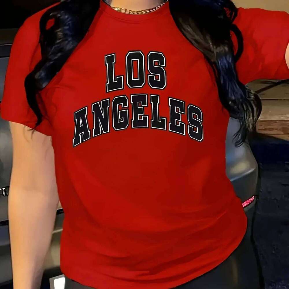 red T-shirt LOS ANGELES short TopS Women's Short Sleeve Casual Tee Round Neck T-Shirt Summer Z260314