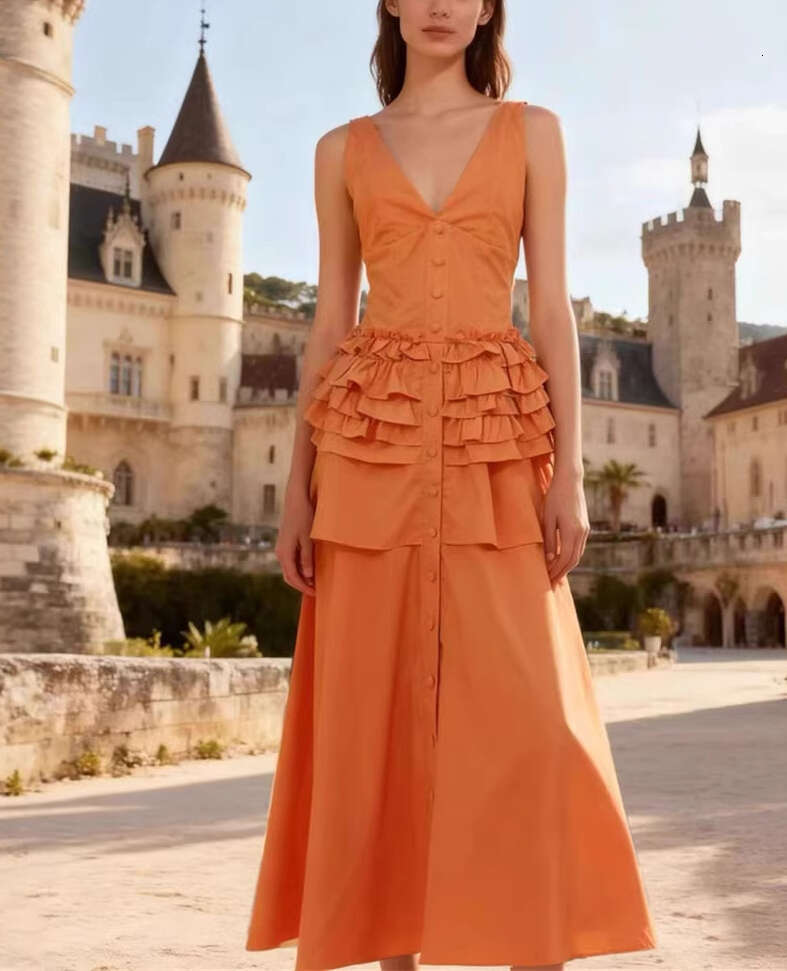 2026 Spring/Summer Goddess Style Sleeveless V-neck Ruffle Solid Color Long Vacation Dress in Multiple Colors