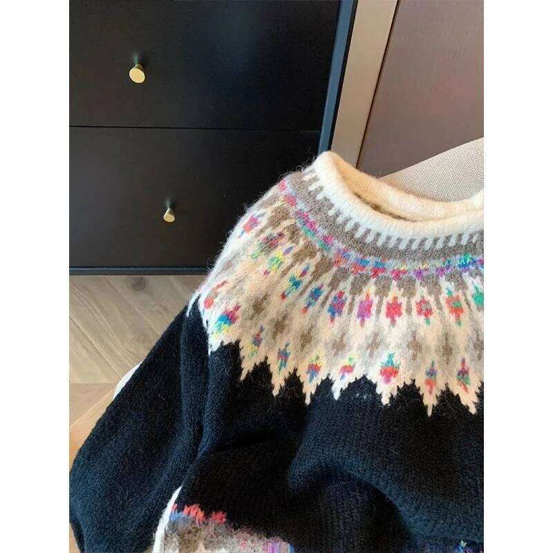Retro Fair Isle Pattern Sweater Women Loose Knit Pullover Crew Neck Long Sleeve 2025 Winter Top Z260314