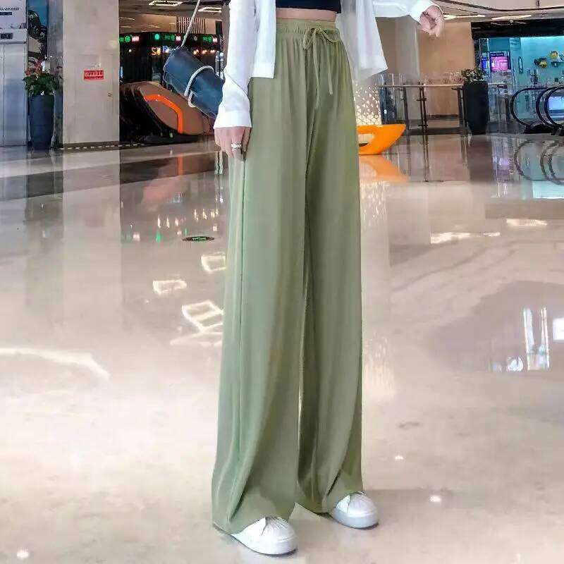 New Women Ankle-Length Wide Leg Casual Solid Elastic Waist Loose Ice Silk Pants Spring Summer Female Trousers 26Y0313