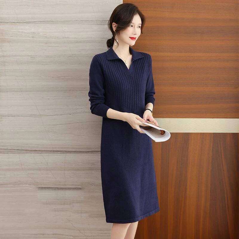 Autumn Women's Lapel Fashionable Knee Length Sweater Dress Loose Temperament Solid Color Straight Knit Bottom Skirt Z260313