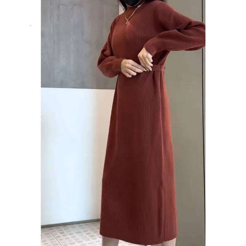 High-end Button Waist Design Thickened Sweater Women's Knee-length Mid-length Bottoming Knitted Dress Autumn and Winter Z260314