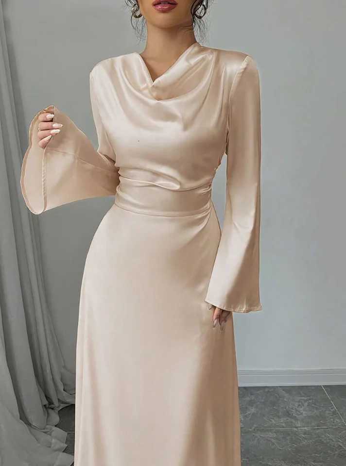 Maxi Dress Spring Summer Women Champagne Satin Cowl Neck Flared Sleeve Belted Elegant Luxurious Party Wedding Evening DressT260316