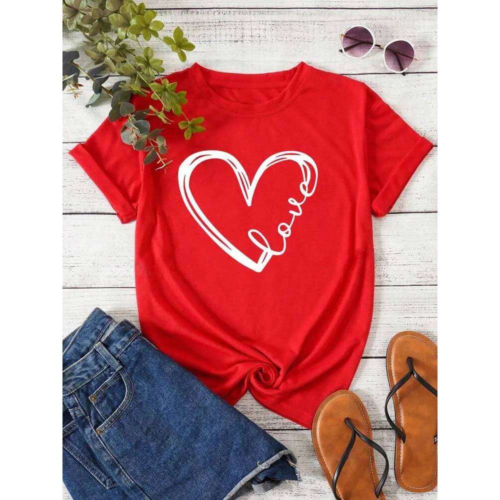 Love Heart Printed Trend Women Fashion Clothing Graphic T-shirts Clothes Print Female Shirt Short Sleeve Lady Casual Tee Z260314