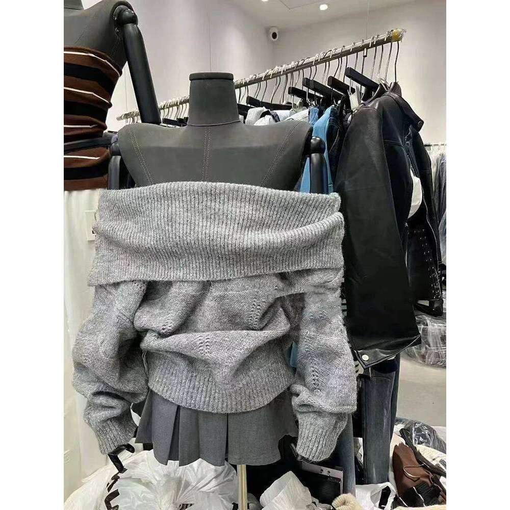 Fashion Slash Neck Knit Sweater Korean Loose Lazy Style Off Shoulder Knitwear Y2K Solid All Match Long Sleeve Female Jumpers Z260314