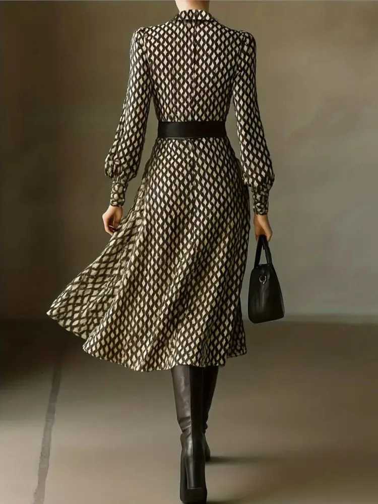 Lantern Long Sleeve Dress New Style Lapel Print Womens Long Sleeved Elegant Lapel Collar Dress Casual And Comfortable DressesT260314