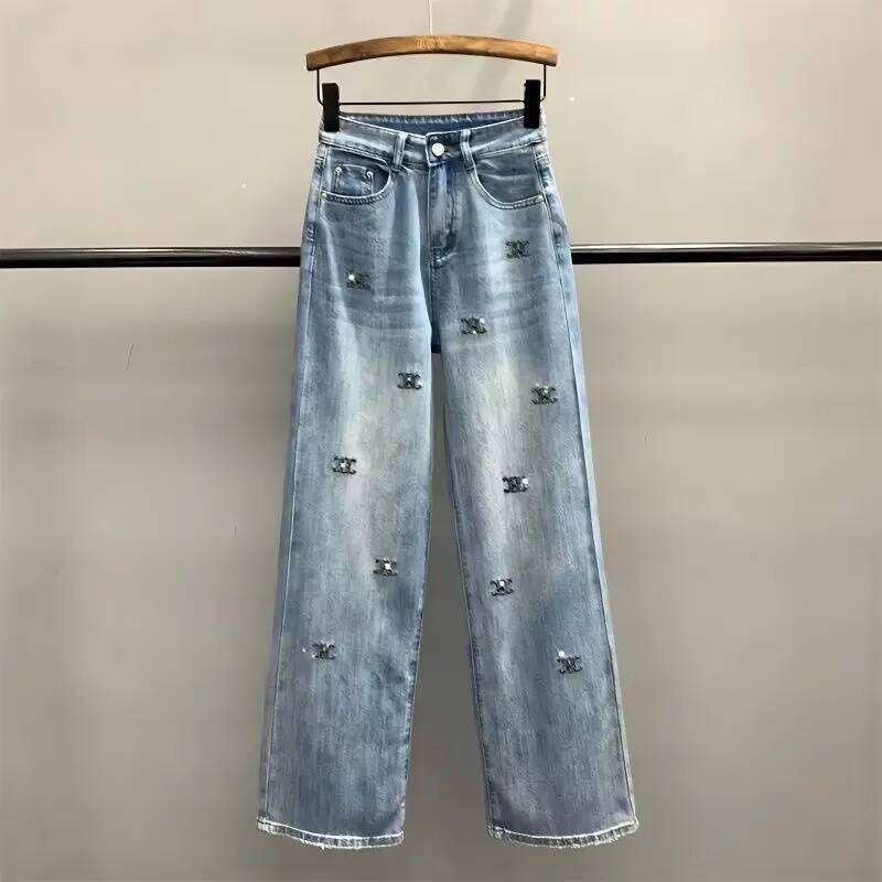 Letter embroidery Hot Denim Wide Trousers Women's 2025 New High waisted Loose Straight leg Jeans Floor length Pants Z260313