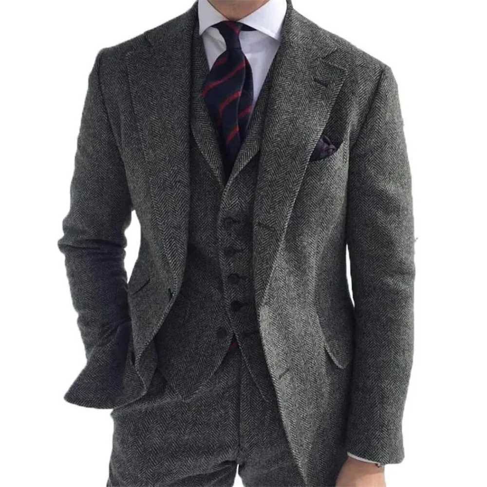 Mens Winter Tweed Wool Grey Slim Fit Formal Wedding Terno Fishbone 3 Piece Smoking Suit Male Ternos Ca M260313