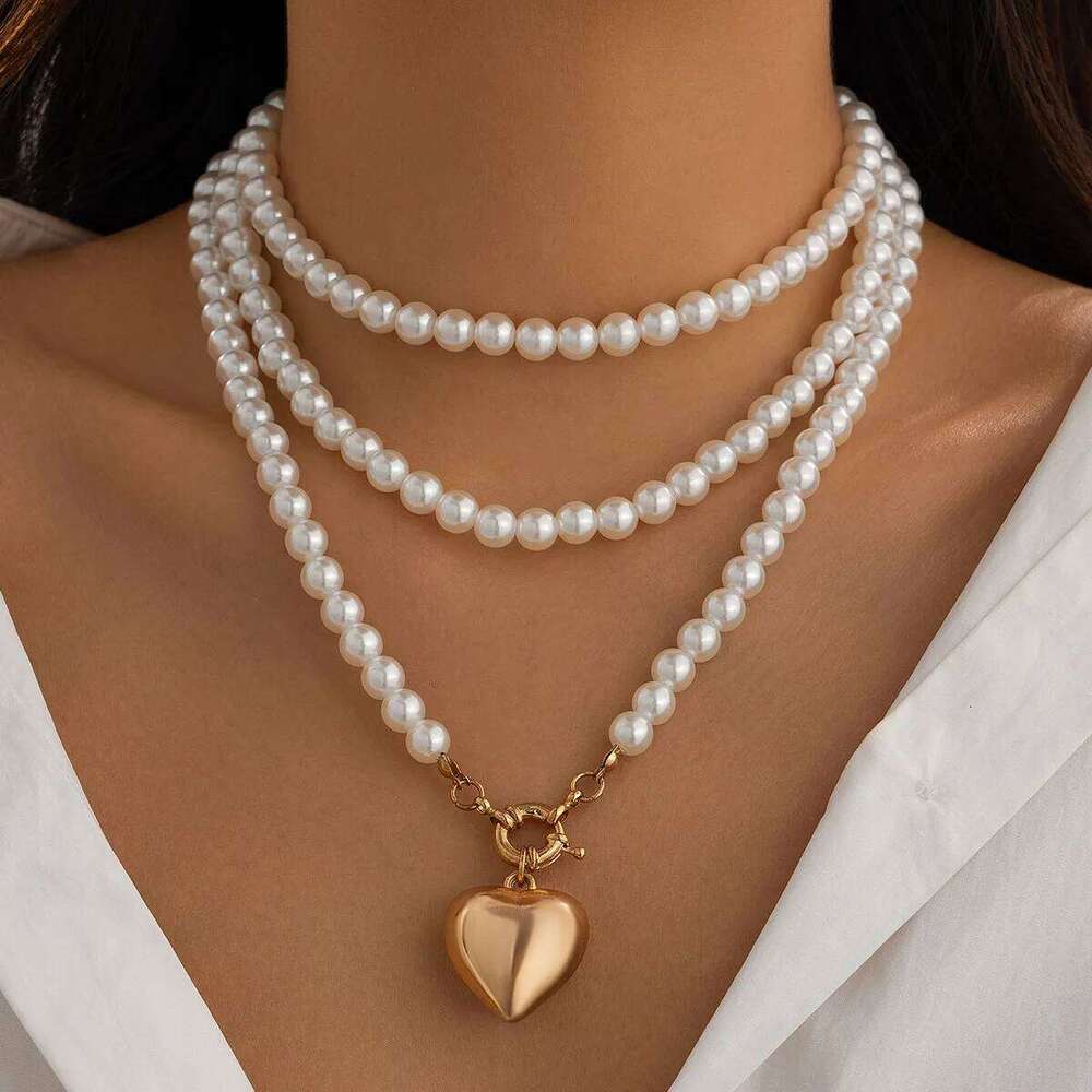 Boho Heart shaped Pendant Necklace 2025 Women's Simple Sweet Long Imitation Pearl Beads Girl Wedding Fashion Jewelry H260312