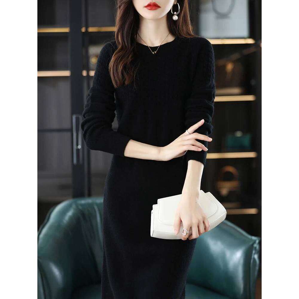 Round Neck Cashmere Women's Long Pullover Sweater Autumn And Winter New Knitted Knee-Length Pure Wool Dress Z260314