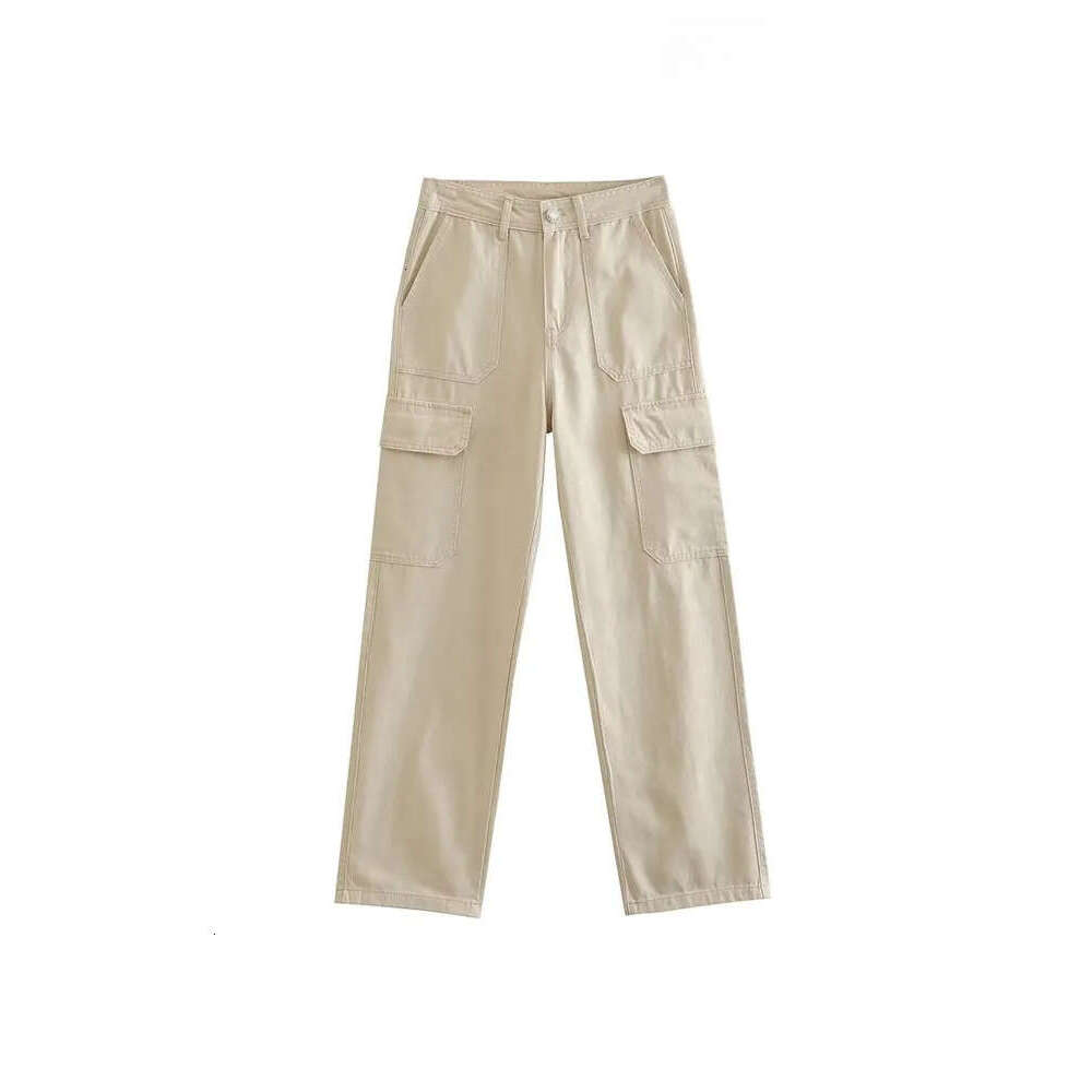 Women's Capris TRAF Women Fashion With Side Patch Pockets Straight Cargo Pants Vintage High Waist Zipper Fly Female Trousers Mujer 230321 Z260314