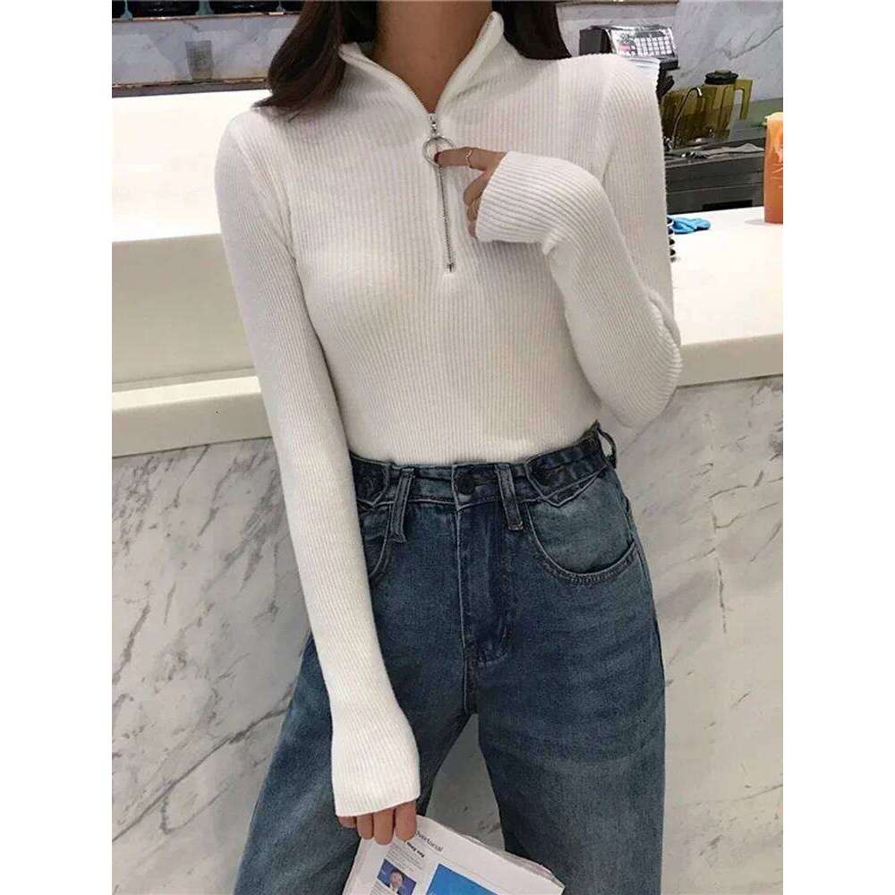 2025 Korea Knitted Zipper High Neck Sweater Pullovers Autumn Winter Basic Women Turtleneck Sweaters Slim Fit Pull Femme Z260313