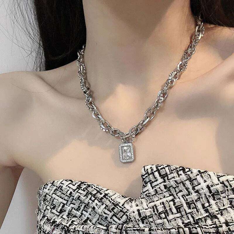 Hip Hop Square Zircon Necklace For Men Women Titanium Steel Male Pendant Sweater Chain Jewelry Charm Kpop Unisex Accessories H260312