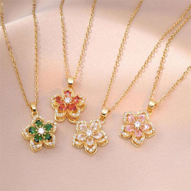 Light Rotating Pendant Necklace for Women Fashion Zircon Flower Choker Stainless Steel Clavicle Chain Jewelry Gift H260312
