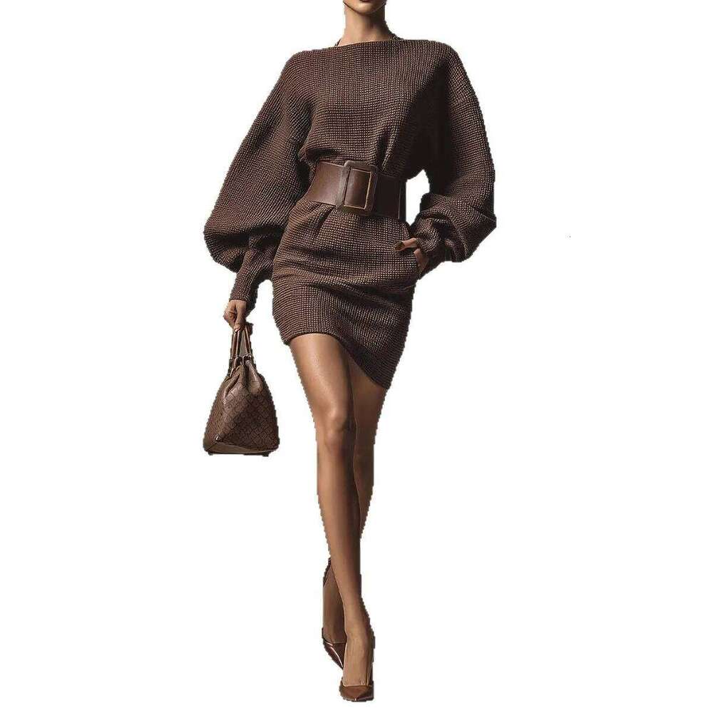 Autumn Winter Solid Knit Sweater Woman Sexy Slash Neck Sashes Slim Mini Retro Batwing Long Sleeve Pullover Dress Z260313