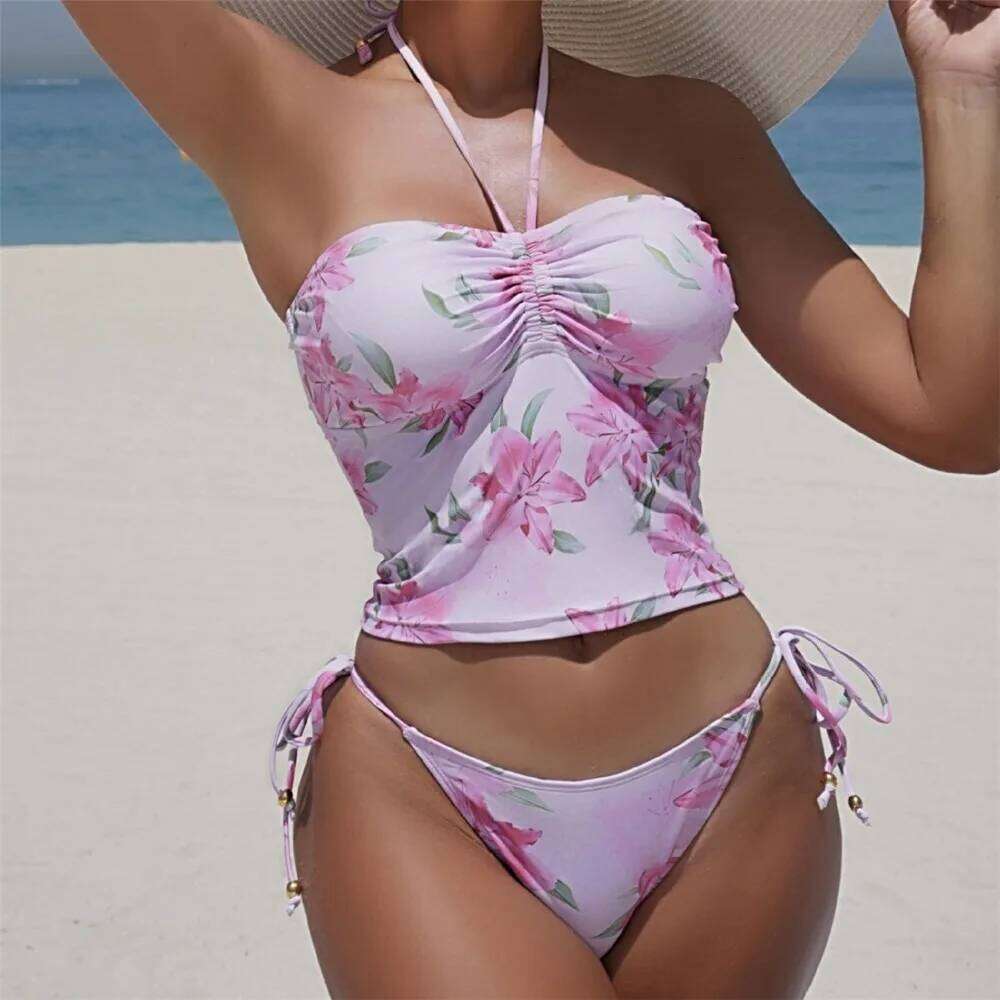 Pink Flower Print Halter Drawstring Tops Bikinis Sets Sexy Swimsuit Women Holiday Swimwear 2025 Bathing Suit Biquinis Bikini Y260303